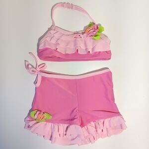 Girls' Pink and Orange Ruffled Swim Set